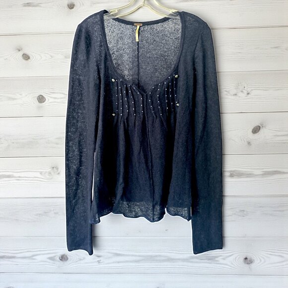 Free People Navy Blue Sequin Embellished Long Sleeve Top Boho Party Small - Picture 1 of 4